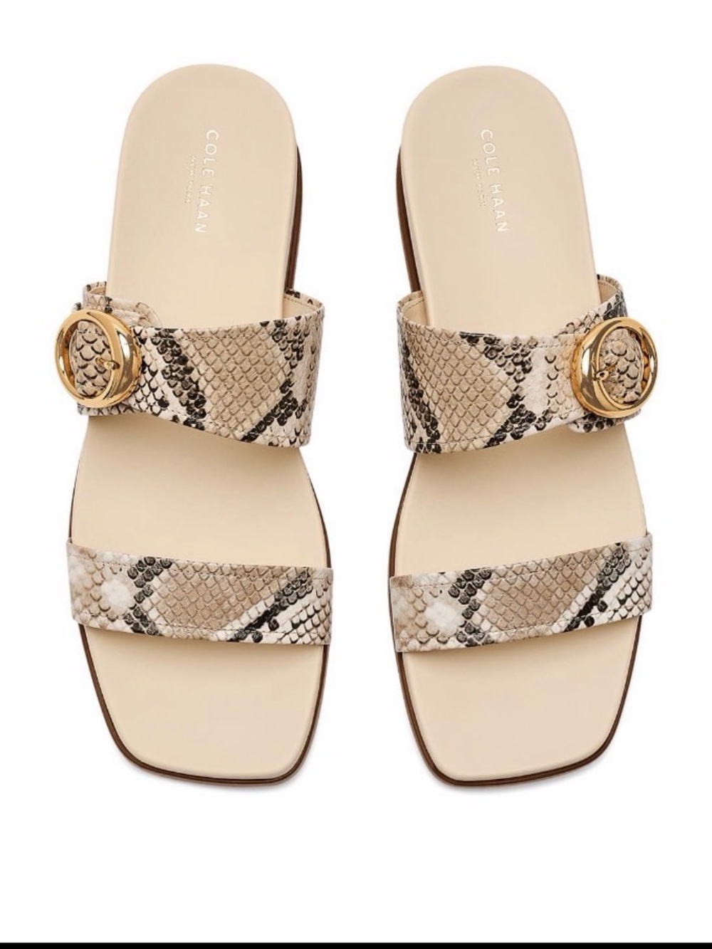 Cole Haan Oaklynn Double Band Snake-Print Sandals with Gold Buckle